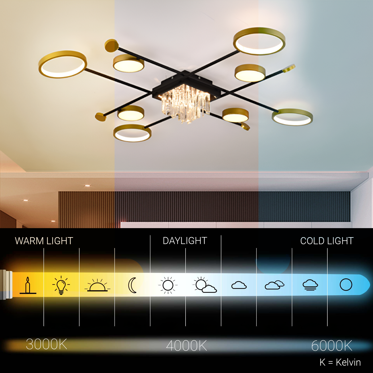 Lustra LED cu telecomanda si cristal GUIDA 46W, 8 Elemente, lumina Rece/Calda/Neutra, Dimabila, Negru Auriu Lustre LED cu Telecomanda Default Title Alessandro Design