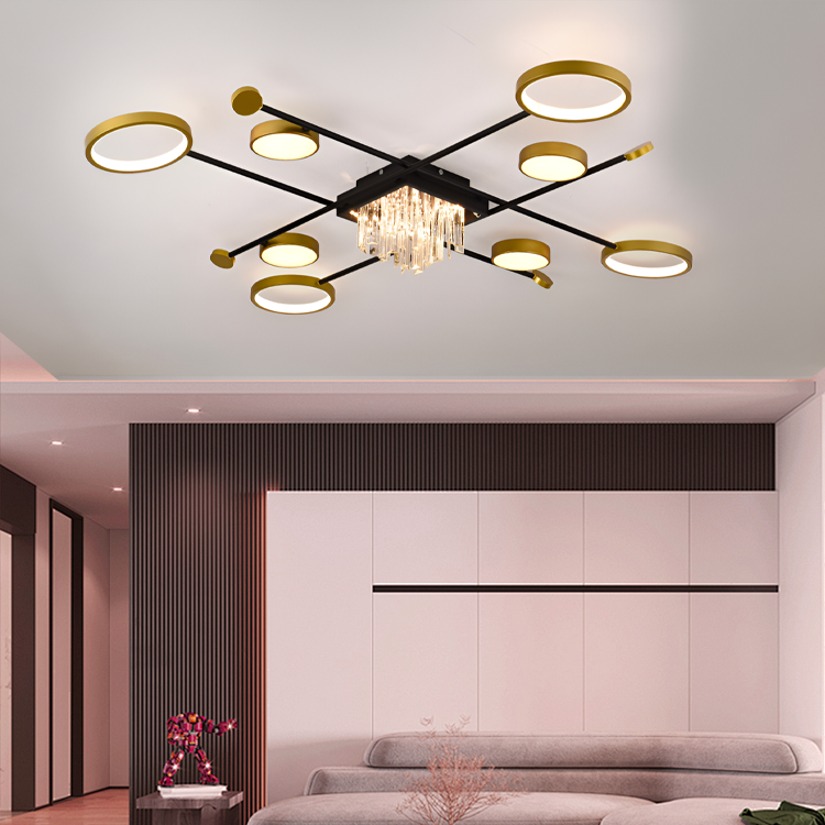 Lustra LED cu telecomanda si cristal GUIDA 46W, 8 Elemente, lumina Rece/Calda/Neutra, Dimabila, Negru Auriu Lustre LED cu Telecomanda Default Title Alessandro Design