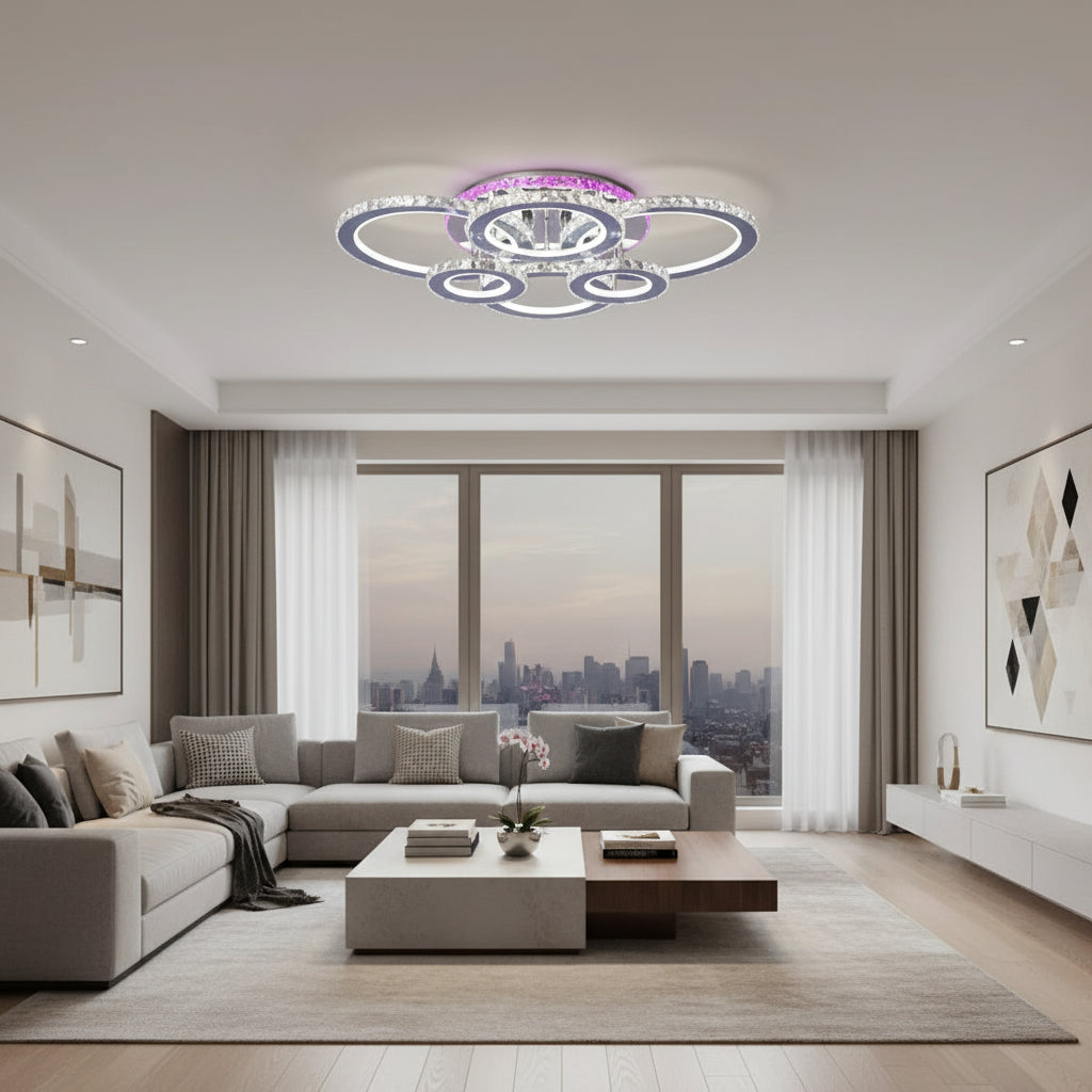 LED полилей с дистанционно управление и кристал NOVA ROTONDA RGB 144W, 6 кръга, студена/топла/неутрална светлина, димиране, блестящи хромирани LED полилеи и кристали Заглавие по подразбиране Alessandro Design