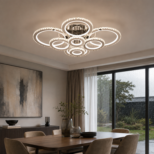 LED полилей с дистанционно управление и кристал NOVA ROTONDA RGB 239W, 8 кръга, Студена/Топла/Неутрална светлина, Димируем, Блестящ Хром