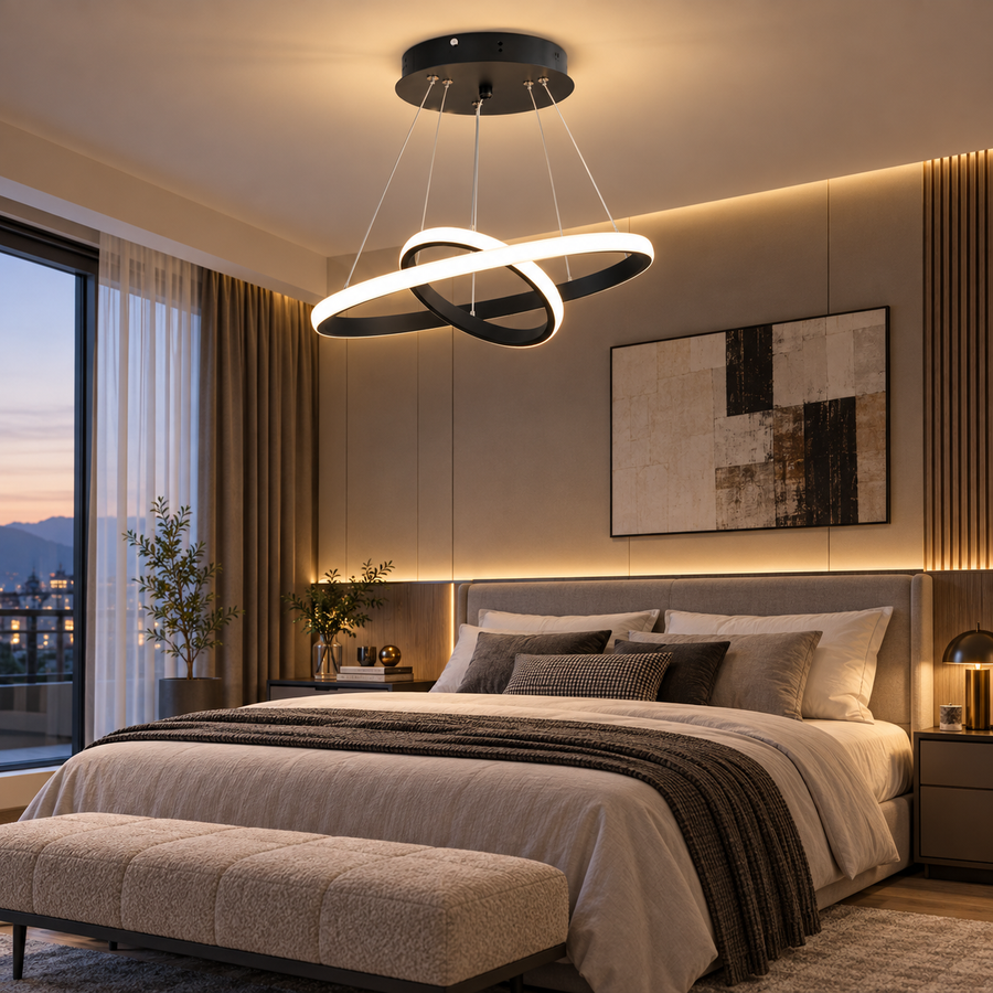 LED окачен полилей RICCI 25W, 2 кръга, Студена/Топла/Неутрална светлина, Черен, Регулируема Височина
