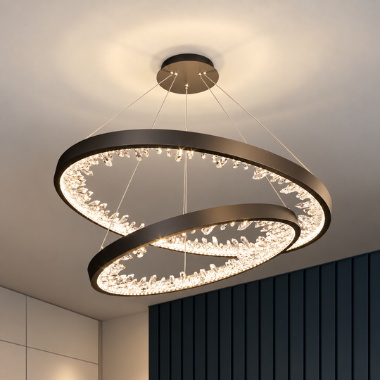 Окачен LED полилей с дистанционно управление, 73W, 2 кръга, 60 см, Студена/Топла/Неутрална светлина, Димируем, Черен, Регулируема по височина