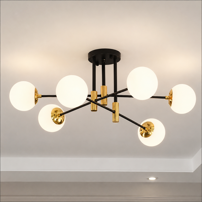 Кръгъл бял глобус полилей, PENTHOUSE Lounge, 6xE27, черен / златен, метал