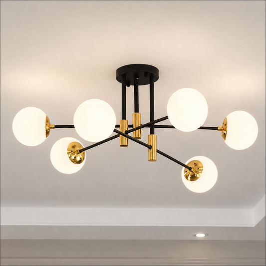 Кръгъл бял глобус полилей, PENTHOUSE Lounge, 6xE27, черен / златен, метал