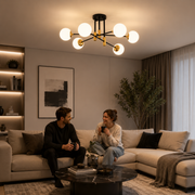 Кръгъл бял глобус полилей, PENTHOUSE Lounge, 6xE27, черен / златен, метал
