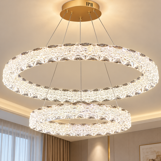 Кристален LED полилей SHELP с дистанционно управление, 64W, топла/неутрална/студена светлина, Φ60 см, регулируема височина, метал и кристал, злато