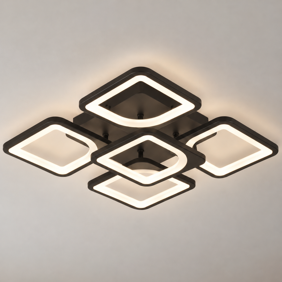 LED полилей с дистанционно управление ZOE 65W, 5 квадрата, Студена/Топла/Неутрална светлина, Димируем, Черен