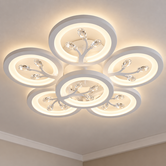 LED полилей с дистанционно управление и кристал DAISY 78W, 6 елемента, Студена/Топла/Неутрална светлина, Димируем, Бял