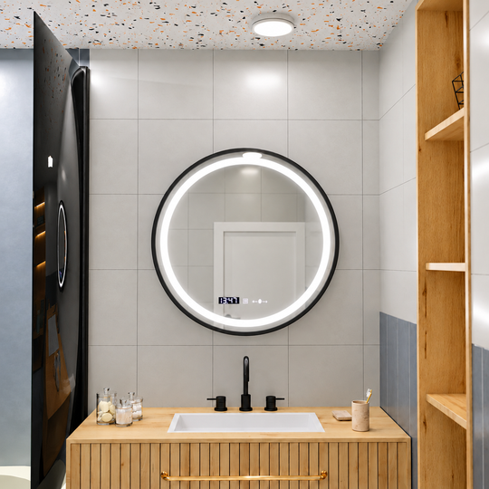 LED кръгло огледало, 80 см, Celeste Majesté Noir MotionGlow Marcello, система против запотяване, часовник и термометър, димируем