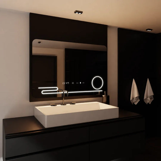 Правоъгълно LED огледало, 120x80 см, Harmonie MotionGlow Marcello, система за обезпотяване, часовник и термометър, козметична лупа, димируеми огледала Marcello Заглавие по подразбиране Alessandro Design