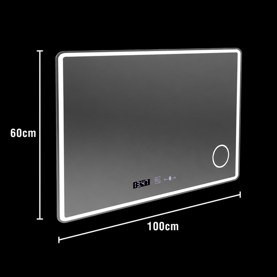 Правоъгълно LED огледало 100x60 Aura Riflesso Puro MotionGlow Marcello, Demister System, Clock, Dimmable