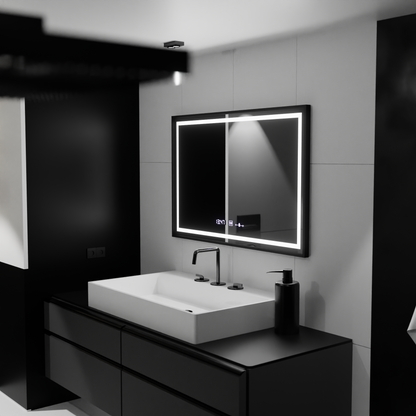 Правоъгълно LED огледало, 100x80 см, Verite Majeste Noir MotionGlow Marcello, система за обезпотяване, часовник и термометър, димируеми огледала Marcello Заглавие по подразбиране Alessandro Design
