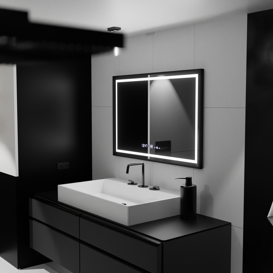Правоъгълно LED огледало, 100x80 см, Verite Majeste Noir MotionGlow Marcello, система за обезпотяване, часовник и термометър, димируеми огледала Marcello Заглавие по подразбиране Alessandro Design