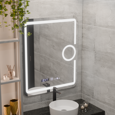 Правоъгълно LED огледало, 75x90 см, Eclat MotionGlow Marcello, система против запотяване, часовник и термометър, козметична лупа, възможност за димиране