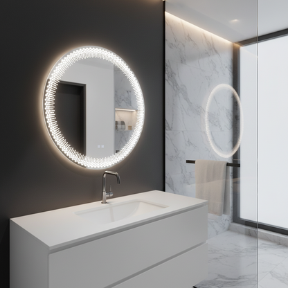 Кръгло LED огледало Nexos, 60 см, 24 W, топла/студена/неутрална светлина, сензор, система против запотяване, часовник, димиране