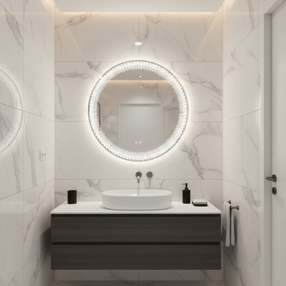 Кръгло LED огледало Nexos, 60 см, 24 W, топла/студена/неутрална светлина, сензор, система против запотяване, часовник, димиране