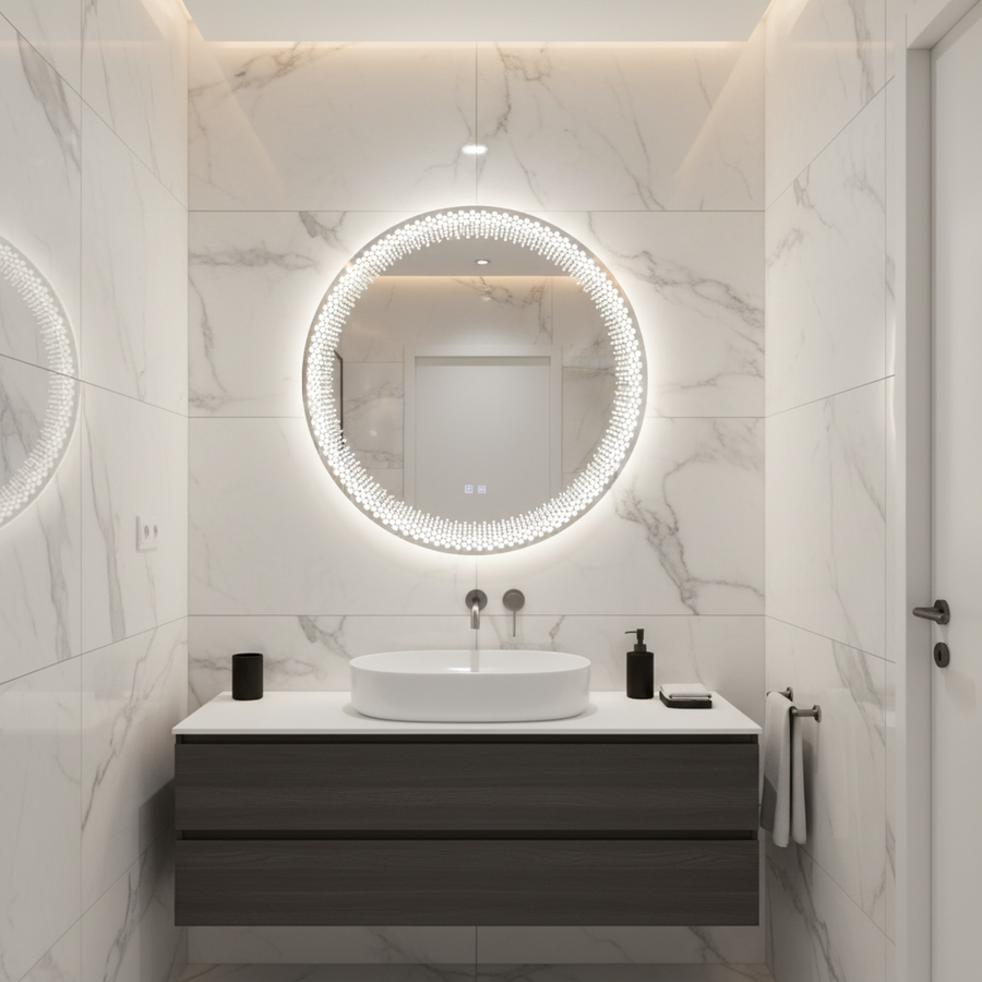 Кръгло LED огледало Nexos, 60 см, 24 W, топла/студена/неутрална светлина, сензор, система против запотяване, часовник, димиране