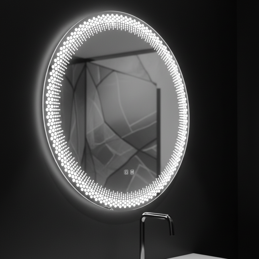 Кръгло LED огледало Nexos, 60 см, 24 W, топла/студена/неутрална светлина, сензор, система против запотяване, часовник, димиране
