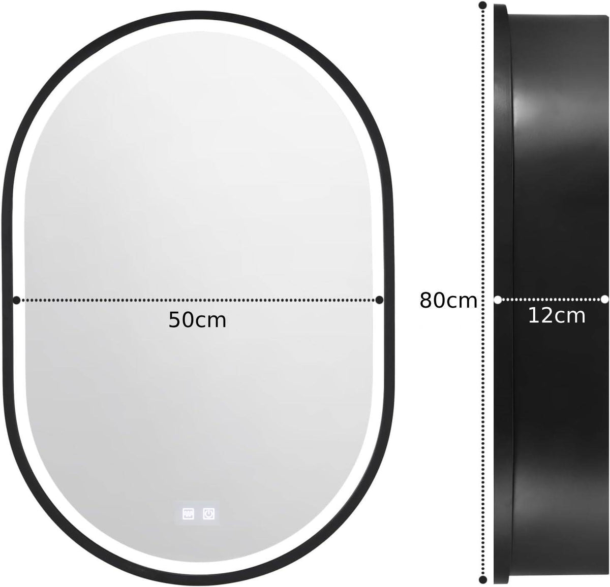 LED огледало с шкаф, овално, 50x80 см, против мъгла, студена/топла/неутрална светлина, черна рамка, място за съхранение Шкаф Огледала Заглавие по подразбиране Alessandro Design