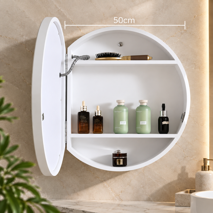 LED огледало с шкаф, кръгло, 10W, 50x50 см, против мъгла, черна рамка, място за съхранение