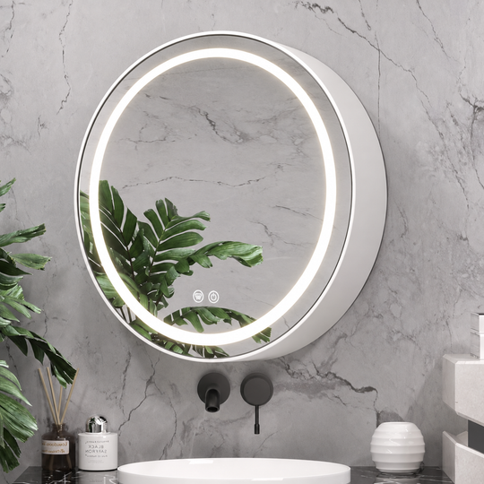 LED огледало с шкаф, кръгло, 10W, 50x50 см, против мъгла, черна рамка, място за съхранение