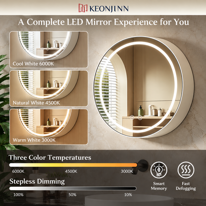 LED огледало с шкаф, кръгло, 10W, 50x50 см, против мъгла, черна рамка, място за съхранение