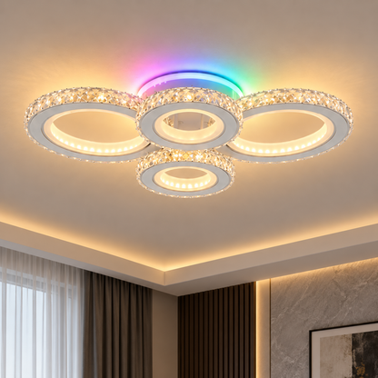 LED плафон с дистанционно управление и кристал NOVA ROTONDA RGB 82W, 4 кръга, Студена/Топла/Неутрална светлина, Димируем, Бял