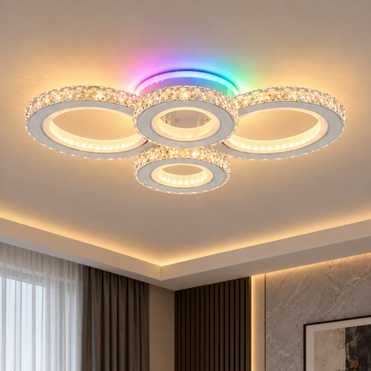 LED плафон с дистанционно управление и кристал NOVA ROTONDA RGB 82W, 4 кръга, Студена/Топла/Неутрална светлина, Димируем, Бял