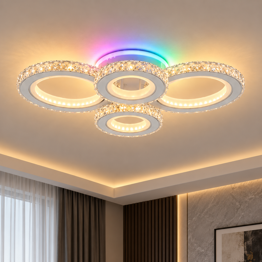 LED плафон с дистанционно управление и кристал NOVA ROTONDA RGB 82W, 4 кръга, Студена/Топла/Неутрална светлина, Димируем, Бял