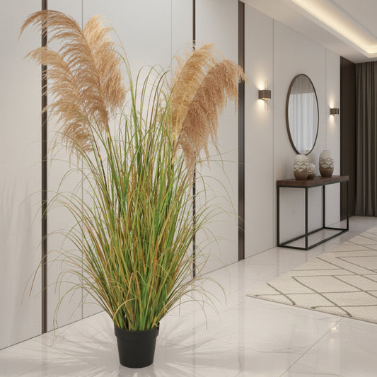 Aranjament decorativ cu 7 fire, 170cm, Stuf Artificial si Iarba, Fara Ghiveci, Verde Tomnal