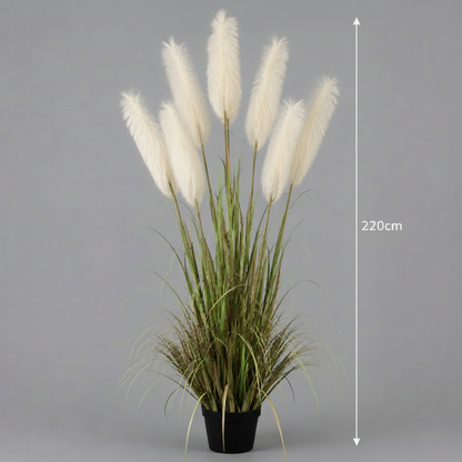 Plantă decorativă în ghiveci, 7 fire, 220cm, Stuf Artificial, Material Textil si Plastic, Verde si Alb