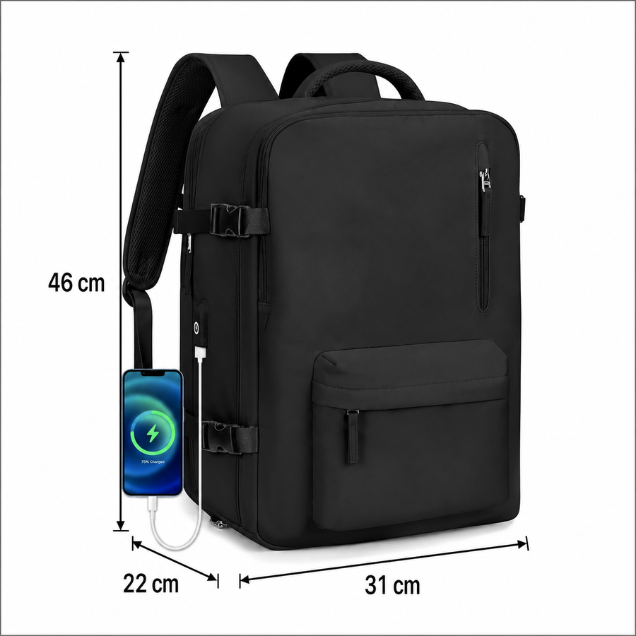 Бизнес раница за пътуване ALMATY, с USB порт, 31x22x46cm Oxford, черна