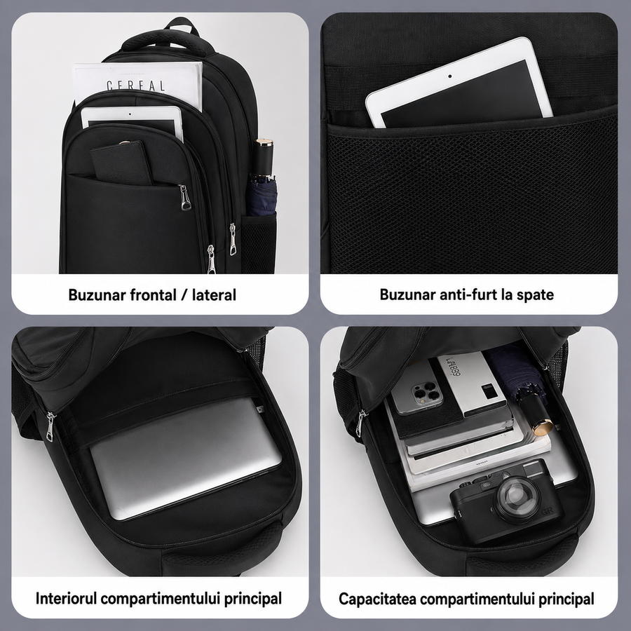 Rucsac Travel Business KANGIQLINIQ, 47x33x15 cm, Oxford, Negru si Portocaliu
