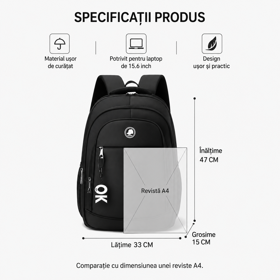 Rucsac Travel Business KANGIQLINIQ, 47x33x15 cm, Oxford, Negru si Portocaliu
