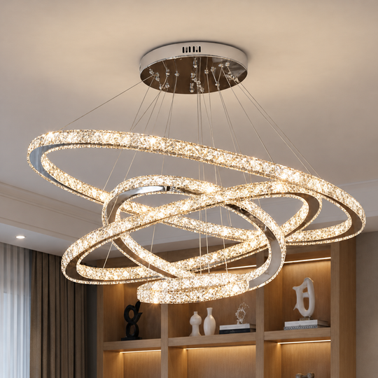 LED полилей с дистанционно управление PRISM Luminis, кристал и метал, 210 W, 4 кръга, възможност за димиране, студена/топла/неутрална светлина, луксозно осветление