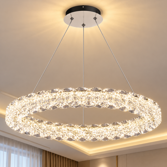 Кристален LED полилей VENTANA с дистанционно управление, 25W, топла/неутрална/студена светлина, Φ39 см, регулируема височина, метал и кристал, злато