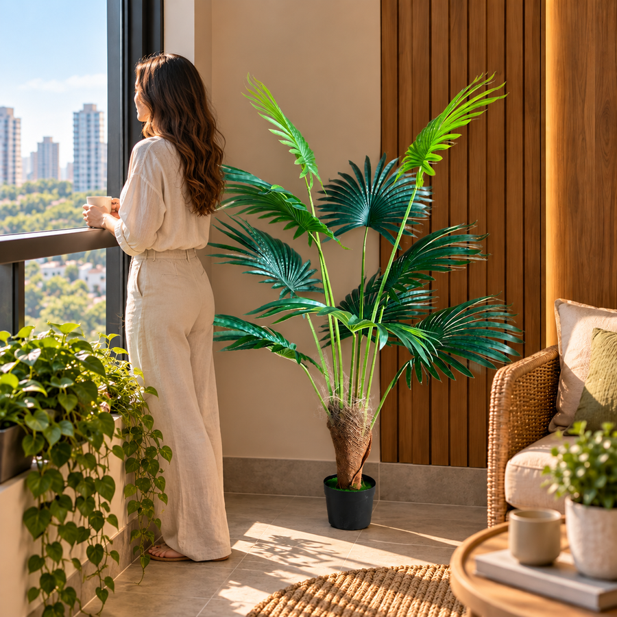 Изкуствено растение Livistona Fan Palm, 10 листа, 160 см, зелено