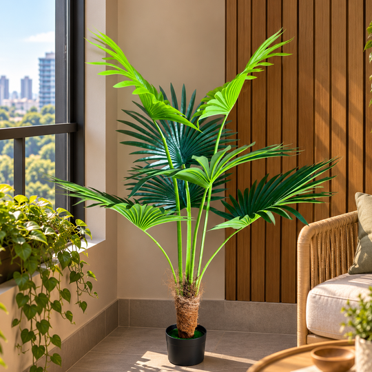 Изкуствено растение Livistona Fan Palm, 7 листа, 140 см, зелено