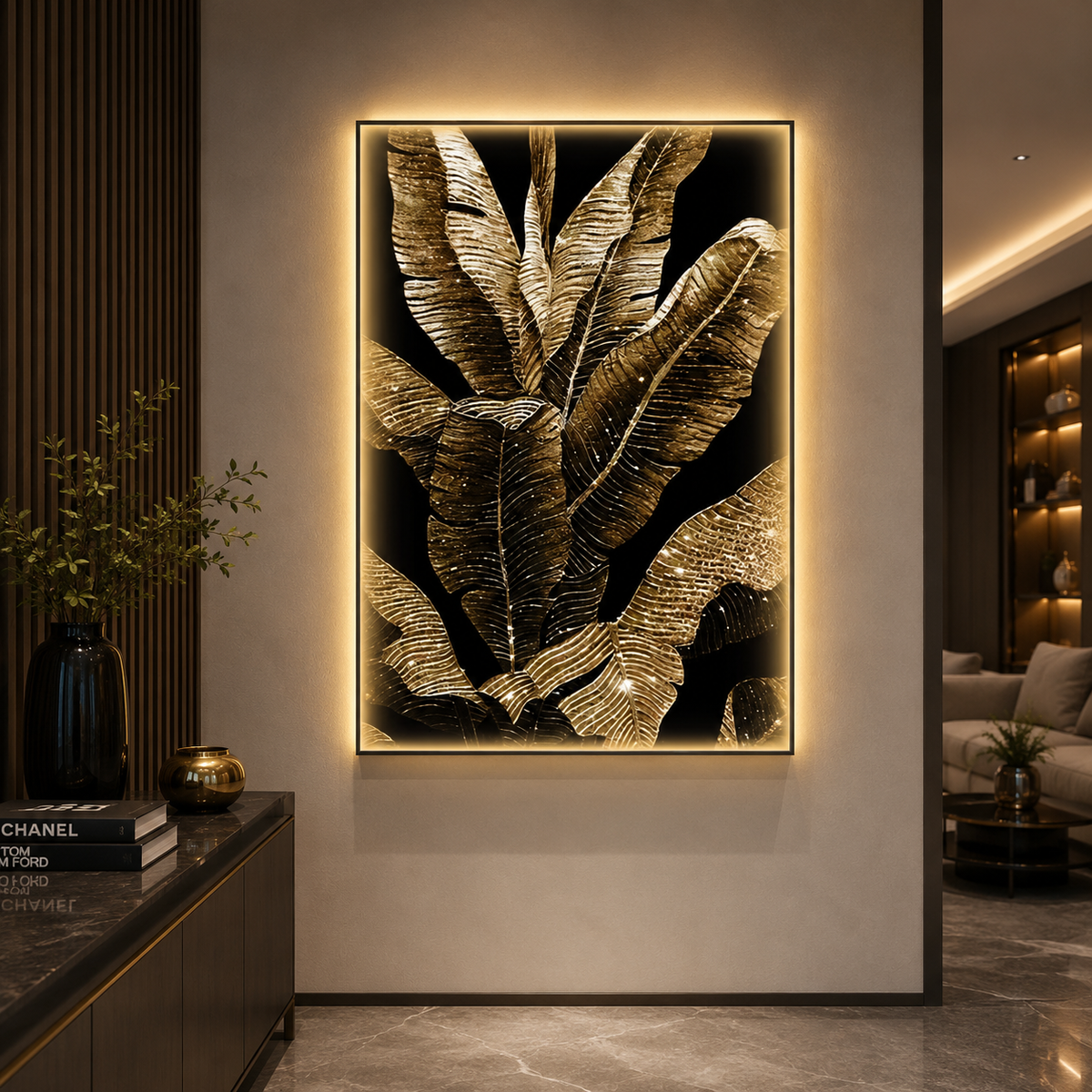 Декоративна картина с LED осветление „Бананови листа“, 80 x 160 см, 24W, неутрална светлина, алуминиева сплав и MDF