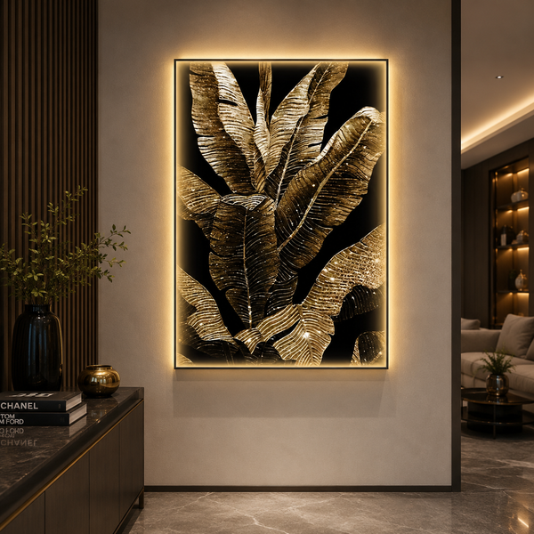 Декоративна картина с LED осветление „Бананови листа“, 80 x 160 см, 24W, неутрална светлина, алуминиева сплав и MDF