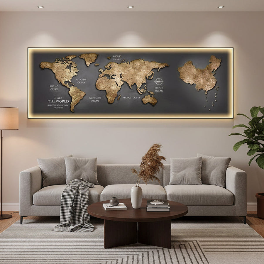 Tablou Sticla cu iluminare LED Harta a Lumii, 60 x 120 cm, Aliaj de Aluminiu si MDF