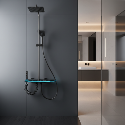 Душ колона MARX II, метална, квадратна пара, дъждовен ефект, 3 функции, монтирана на стена, черна, включени аксесоари