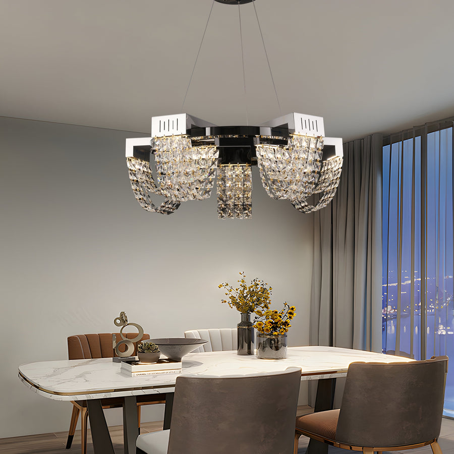 LED кристален полилей 30W, CC370/500CH, диаметър 49 см, блестящ хром, топла неутрална студена светлина 3000K/4000K/6000K регулируема височина, метал и кристал