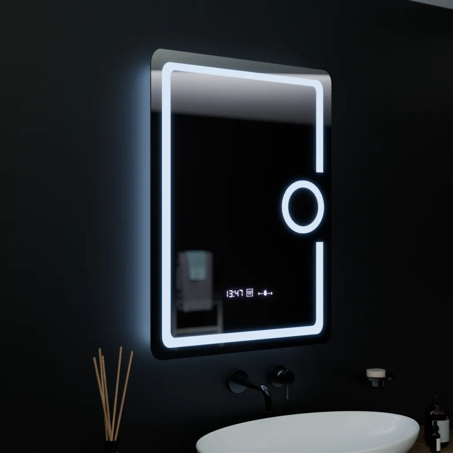 Правоъгълно светодиодно огледало, 60x80см, Eclat Motionglow Marcello, Clock & Thermometer, система за размразяване, козметичен луп