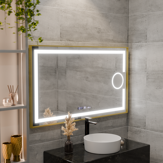 Правоъгълно LED огледало, 120x80 см, Eclat MotionGlow Marcello, система за обезпотяване, часовник и термометър, козметична лупа, възможност за димиране, матирана златна рамка Marcello огледала Заглавие по подразбиране Alessandro Design
