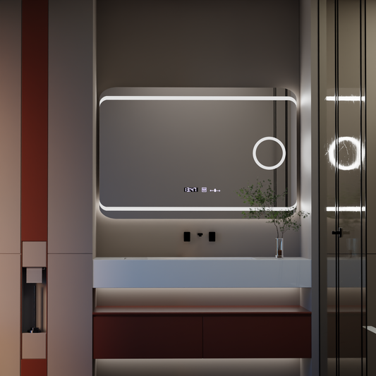Правоъгълно светодиодно огледало, 120x80см, капачки stile motionglow marcello, система за деактивиране, часовник и термометър, козметично лупа стъкло