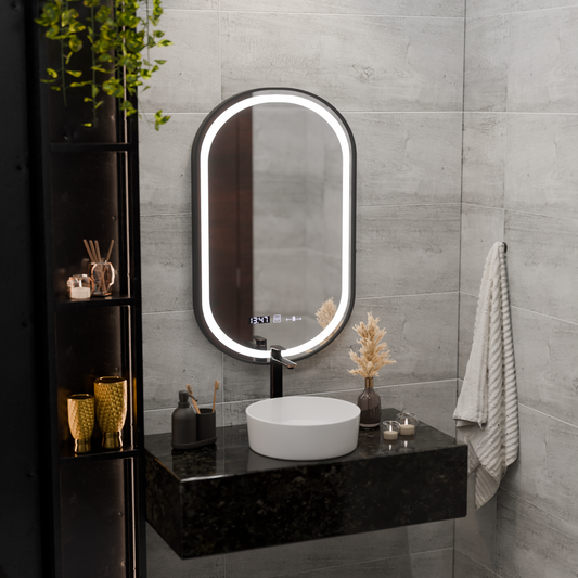 Огледална LED Touch Touch Defrition System, часовник и температура 50x80 cm Black Brushd Frame Frame