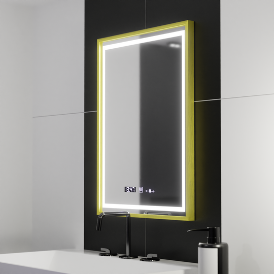 Правоъгълно LED огледало, 50x70 см, Verite Royale Gold Motion Glow Marcello, система за обезпотяване, часовник и термометър, димируеми огледала Marcello Заглавие по подразбиране Alessandro Design