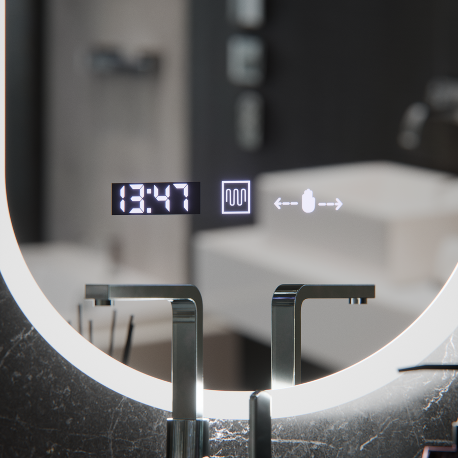 Овално светодиодно огледало, 50x80см, сензор Lucia Marcello, система за размразяване, часовник и термометър, подразбиращ се