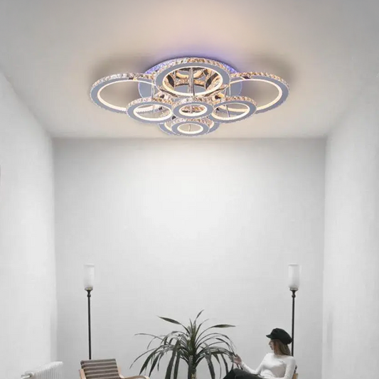 LED полилей с дистанционно управление и кристална Lia RGB 182W, 8 кръга, студена/гореща/неутрална светлина, нестабилна, лъскава хромирана бяла